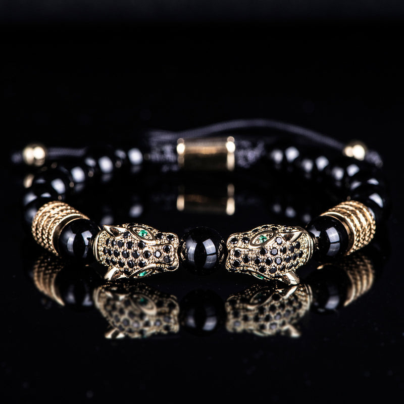 Men's Black Double Leopard Head Braided Bracelet Suit