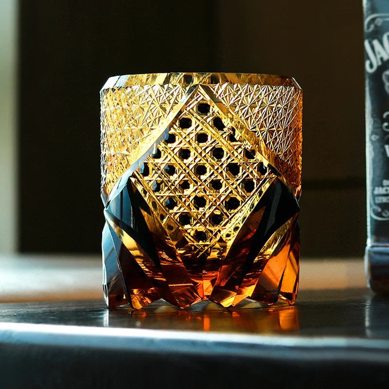 Amber Gem Whiskey Glass Japanese Edo Kiriko Manual Diamond Cut.